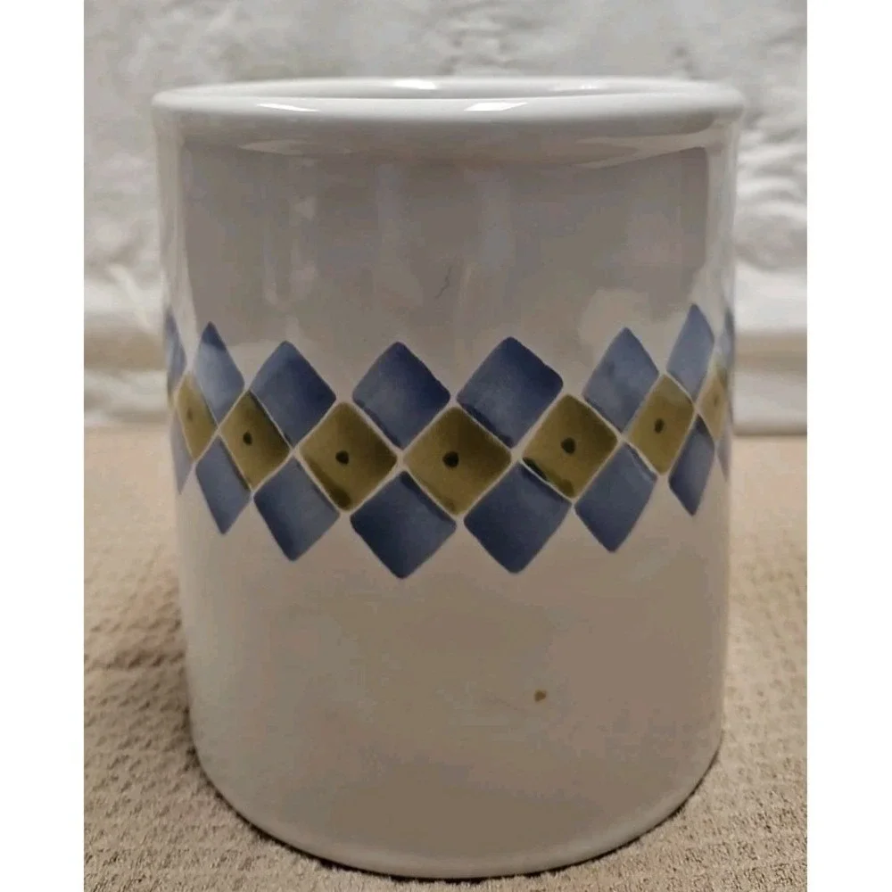 Vintage Crock Utensil Holder/Wine Bottle  Blue/Green Diamonds Made in Hungary